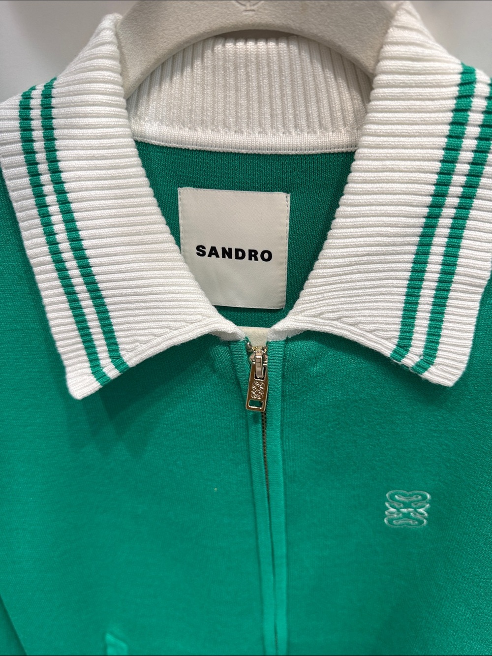 Sandro Women’s  Green Zip-Front Jacket with White-Trim Collar - Picture 2 of 4